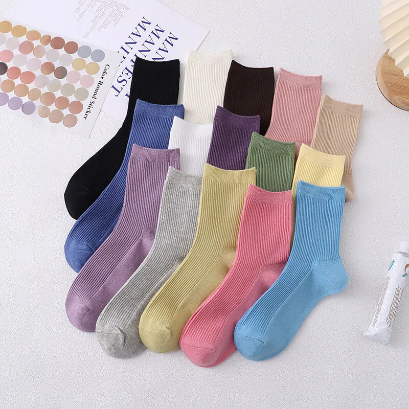 5 Pairs Solid Color Breathable Cotton Mid-Calf Socks for Women