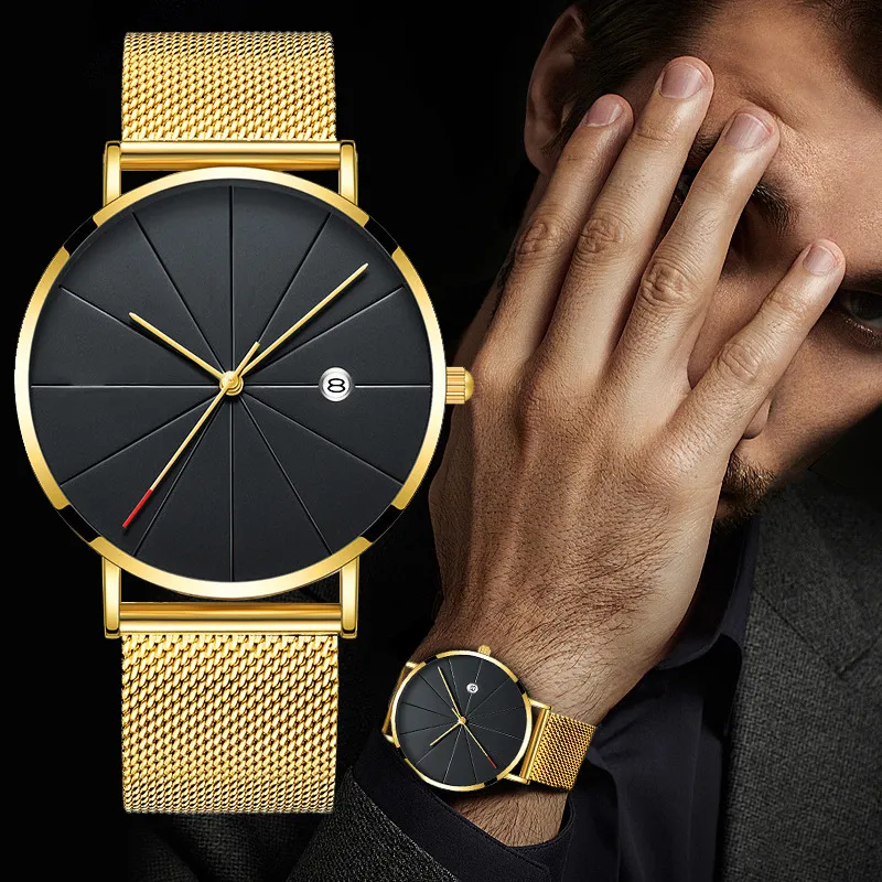 New Men Ultra-thin Quartz Watch with Mesh Belt