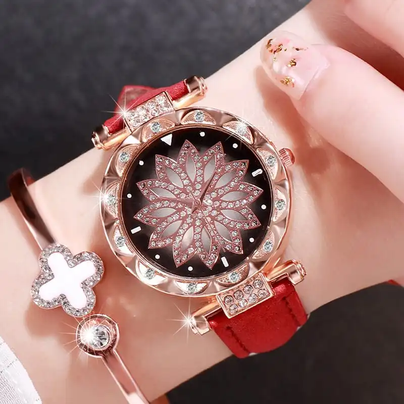 Fashion Rhinestone Decorated Flower Pattern Quartz Watch for Women