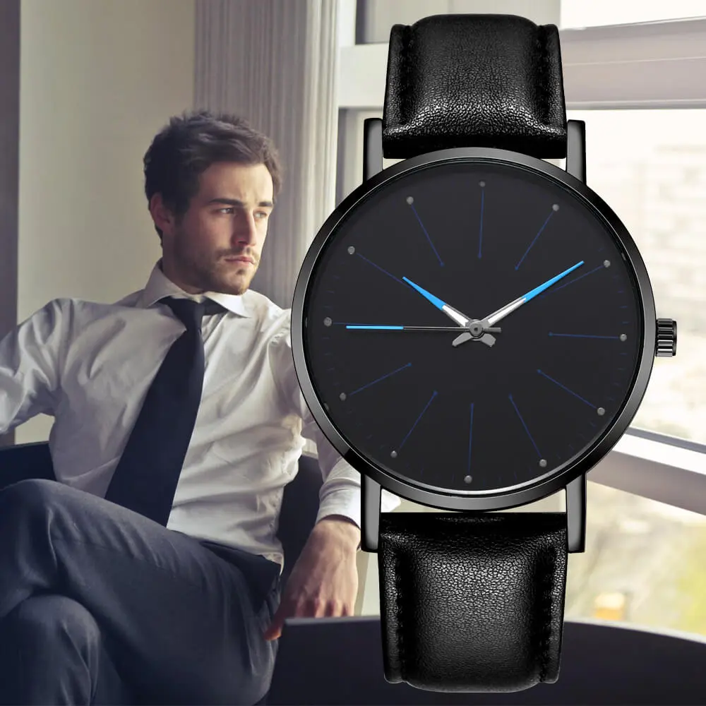Men Creative Luminous Design Quartz Watch Business Leather Strap Alloy Case