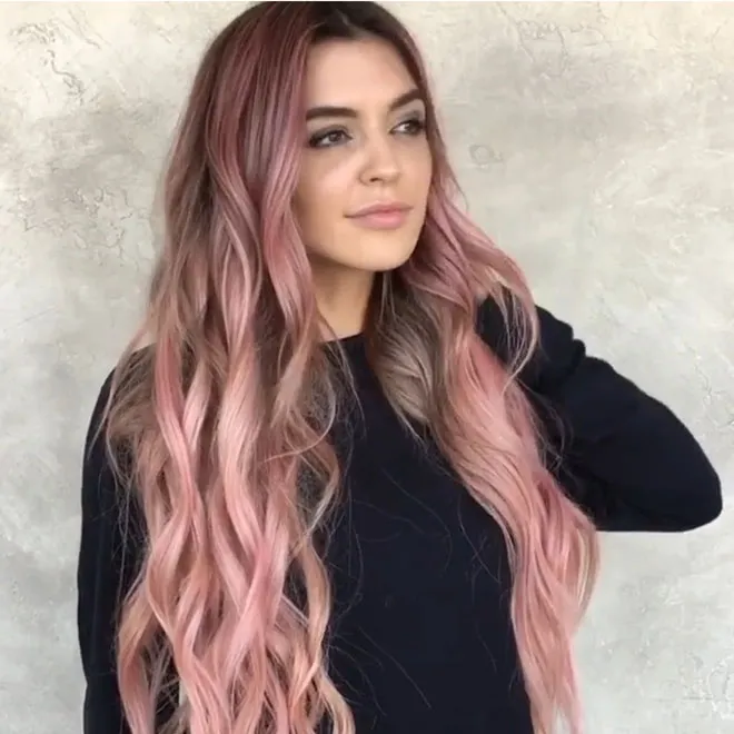 Mid-Point Gradient Pink Star Fashion Long Curly Wig with Bangs