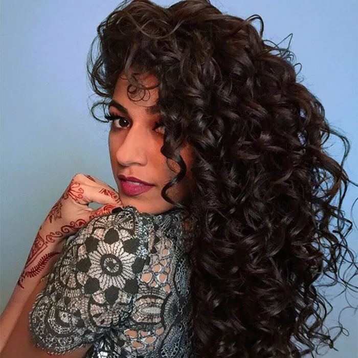Female Fluffy Black Curly Long Wig with Bangs