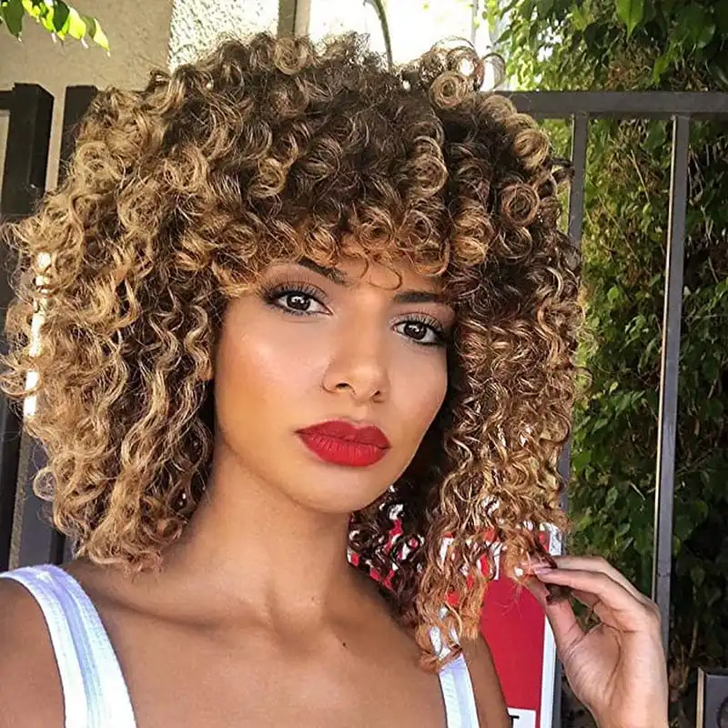 Women Fluffy Long Curly Wig With Bangs Heat Resistant High Temperature Wire