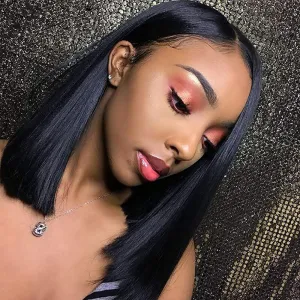 Women Exotic Black Synthetic Wigs Center Parting Medium Straight Hair