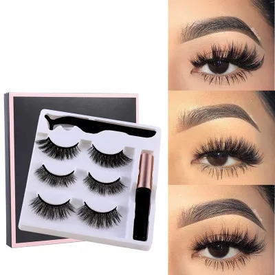 3 Pairs Magnetic False Eyelashes And Eyeliner Set With Bushy Type