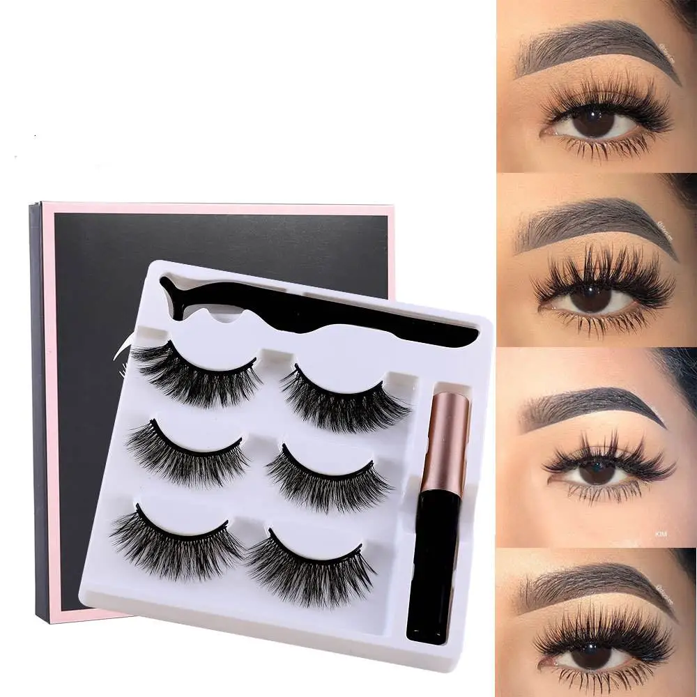 3 Pairs Magnetic False Eyelashes And Eyeliner Set With Bushy Type