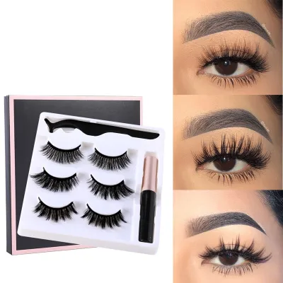 3 Pairs Magnetic False Eyelashes And Eyeliner Set With Bushy Type