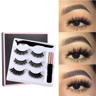3 Pairs Magnetic False Eyelashes And Eyeliner Set With Bushy Type