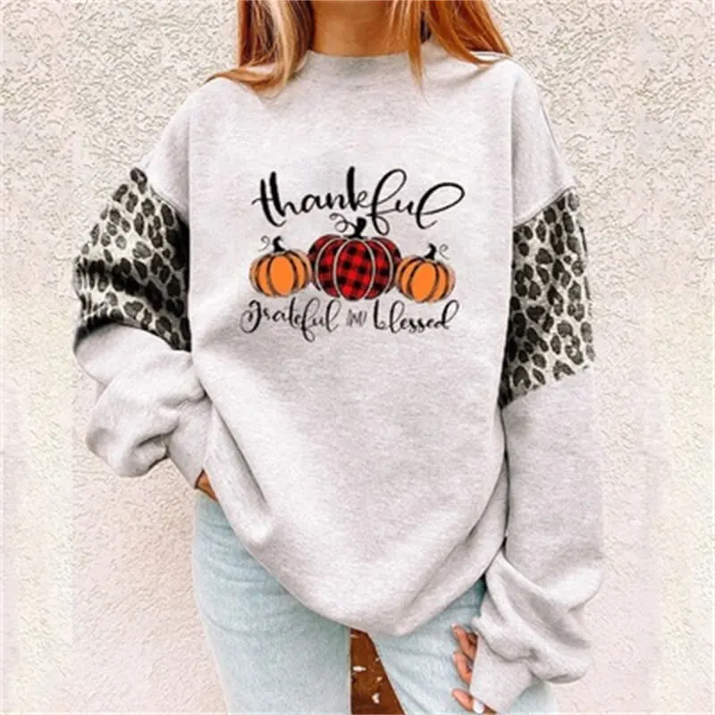 S-3XL Women Thanksgiving Round Neck Letter Print Sweatshirt
