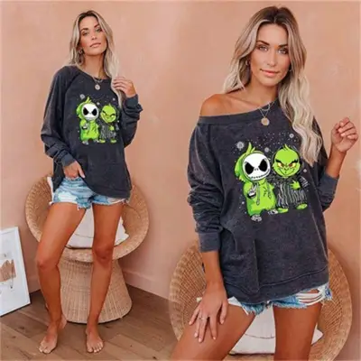 Women Halloween Monster Print Long Sleeve Cotton Sweatshirt Urban Leisure Slim Pullover