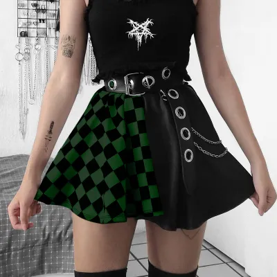 S-L Women Gothic Patchwork Color Blocking Plaid Printed Pleated Skirts