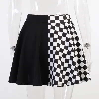 S-L Women Gothic Patchwork Color Blocking Plaid Printed Pleated Skirts