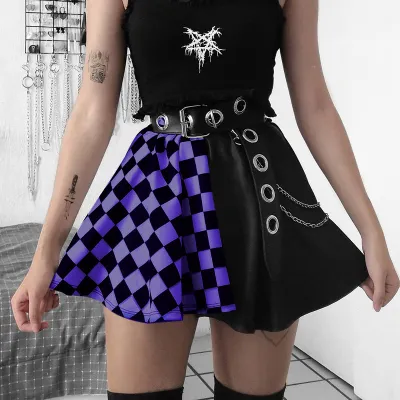 S-L Women Gothic Patchwork Color Blocking Plaid Printed Pleated Skirts