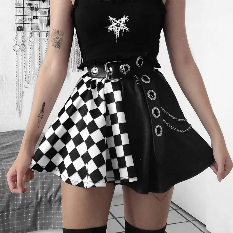 S-L Women Gothic Patchwork Color Blocking Plaid Printed Pleated Skirts