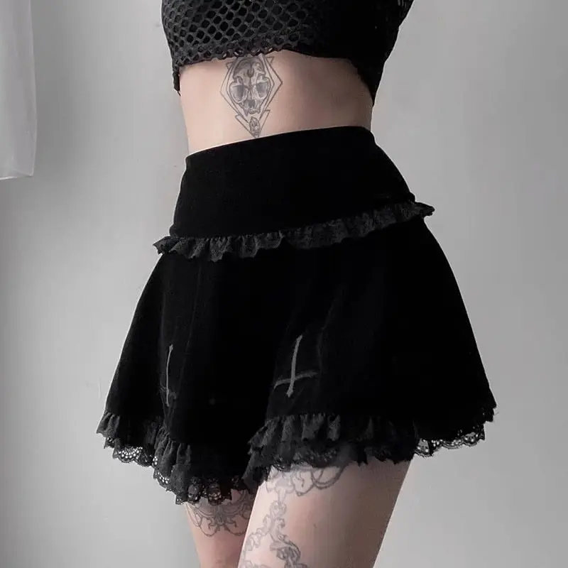 S-L Women Gothic Cross Embroidery Ruffled Short Skirt
