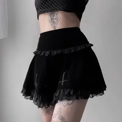 S-L Women Gothic Cross Embroidery Ruffled Short Skirt