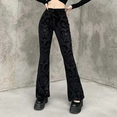S-L Women Gothic Velvet Embossing Flare Trousers