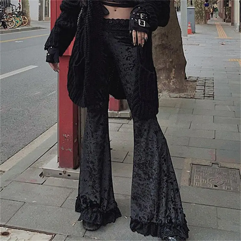 S-L Women Gothic Patchwork Lace Flare Trousers