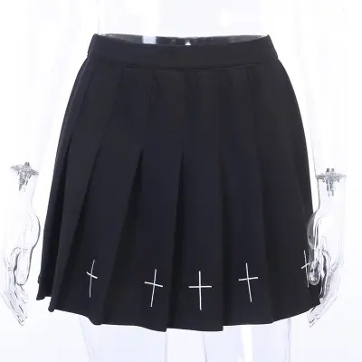 S-2XL Women Gothic Cross Printing Pleated Skirt College Style