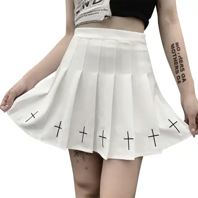 S-2XL Women Gothic Cross Printing Pleated Skirt College Style