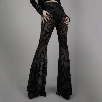 S-L Women Gothic See-Through Flared Pants High Waist Lightweight