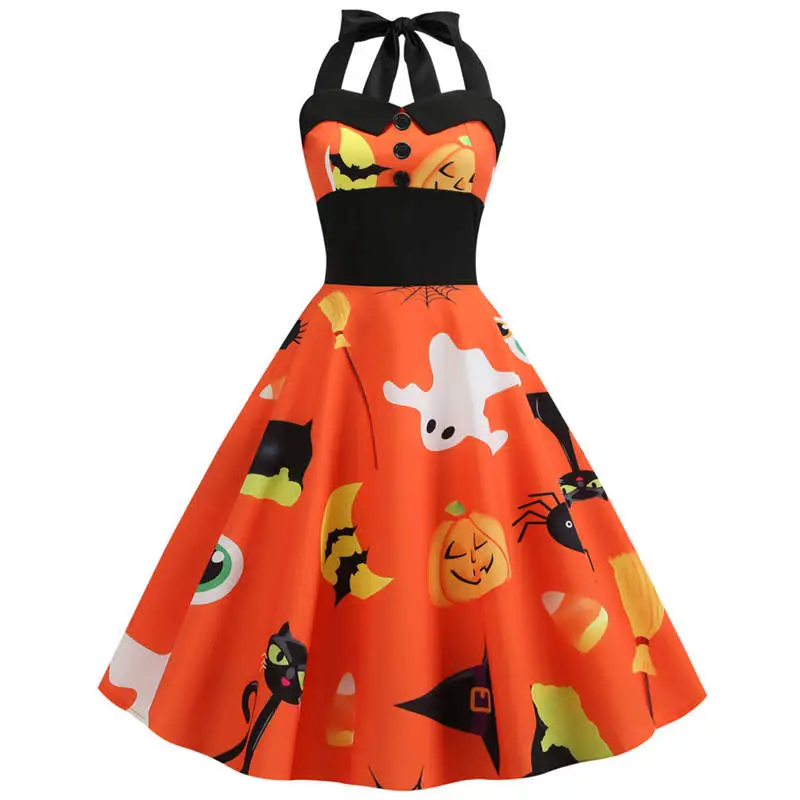 S-2XL Women Halloween Print Defined Waist Halter Neck Swing Dress