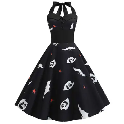 S-2XL Women Halloween Print Defined Waist Halter Neck Swing Dress