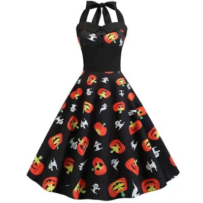 S-2XL Women Halloween Print Defined Waist Halter Neck Swing Dress