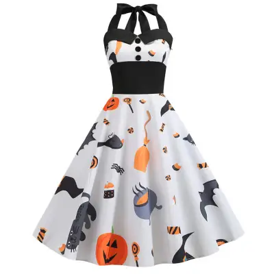 S-2XL Women Halloween Print Defined Waist Halter Neck Swing Dress