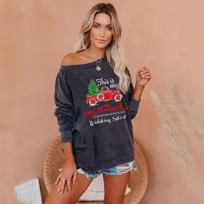S-XL Women's Festive Christmas Print Round Neck Long Sleeve Sweatshirt