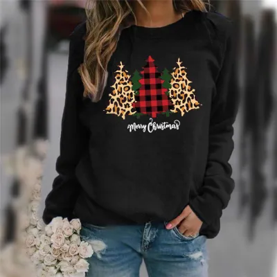 S-XXL Women Christmas Printed Crew Neck Long Sleeve Loose Pullover Top