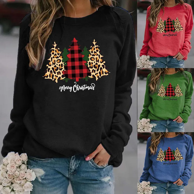 S-XXL Women Christmas Printed Crew Neck Long Sleeve Loose Pullover Top