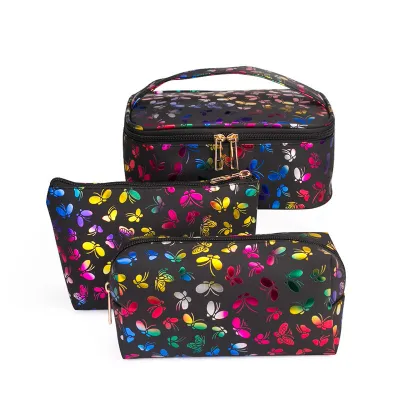 Women Fashion Butterfly Print PVC Cosmetic Bags Three Pieces Set