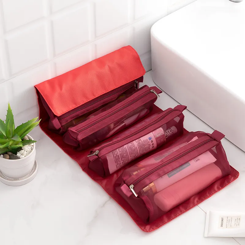 Women Solid Color Large Capacity Foldable Cosmetic Bag PU Toiletry Organizer