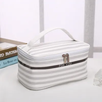 Women Portable Travel Canvas Make-up Bag Korean Stripe Zipper