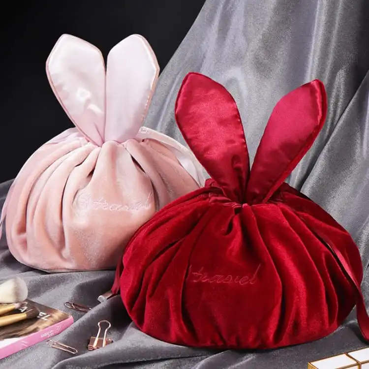 Women's Solid Color Flannel Drawstring Cosmetic Bag Korean Style Velvet Cylindrical Makeup Organizer