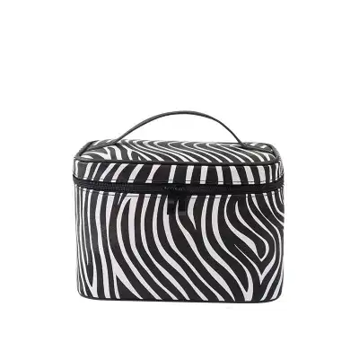 Women Large Capacity Zebra Striped Cosmetic Bag European Style Cylindrical Makeup Pouch