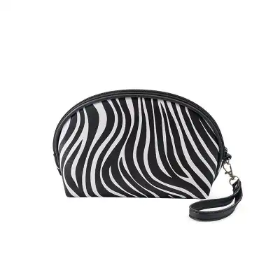 Women Large Capacity Zebra Striped Cosmetic Bag European Style Cylindrical Makeup Pouch