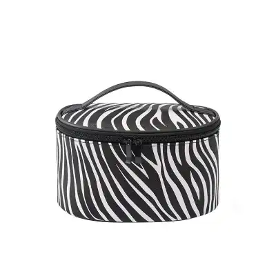 Women Large Capacity Zebra Striped Cosmetic Bag European Style Cylindrical Makeup Pouch