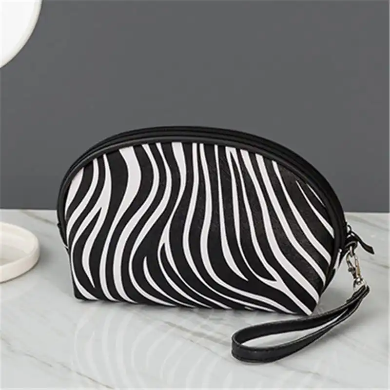 Women Large Capacity Zebra Striped Cosmetic Bag European Style Cylindrical Makeup Pouch