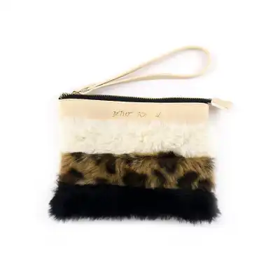Unique Plush Patchwork Zipper Leather Cosmetic Bag for Travel