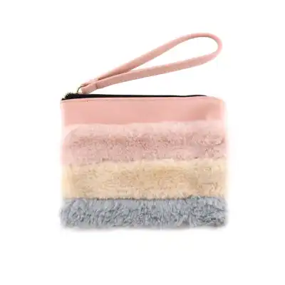 Unique Plush Patchwork Zipper Leather Cosmetic Bag for Travel