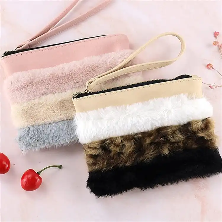 Unique Plush Patchwork Zipper Leather Cosmetic Bag for Travel