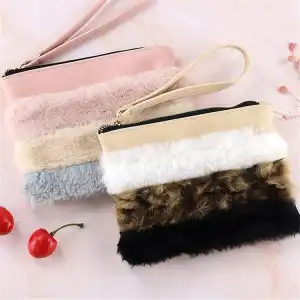 Unique Plush Patchwork Zipper Leather Cosmetic Bag for Travel