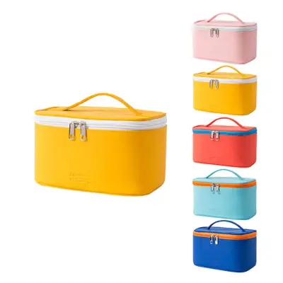 Women Japanese Style Color Blocking Zipper PU Large Capacity Cosmetic Bag