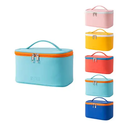 Women Japanese Style Color Blocking Zipper PU Large Capacity Cosmetic Bag