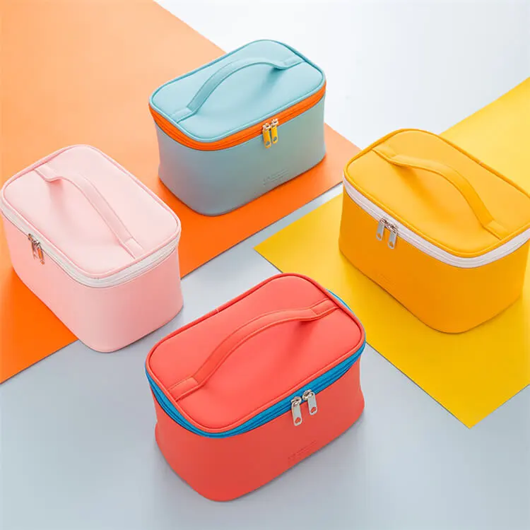 Women Japanese Style Color Blocking Zipper PU Large Capacity Cosmetic Bag