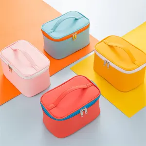 Women Japanese Style Color Blocking Zipper PU Large Capacity Cosmetic Bag