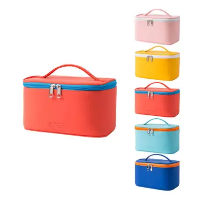 Women Japanese Style Color Blocking Zipper PU Large Capacity Cosmetic Bag