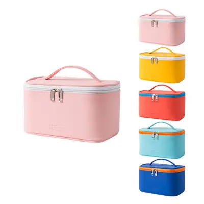 Women Japanese Style Color Blocking Zipper PU Large Capacity Cosmetic Bag